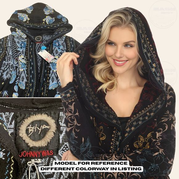 Rare Johnny Was Biya Beiro Hooded Cardigan | Blue Embroider Knit Duster NWT $418 - Picture 4 of 11